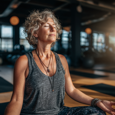 Літня жінка виконує йогу на природі