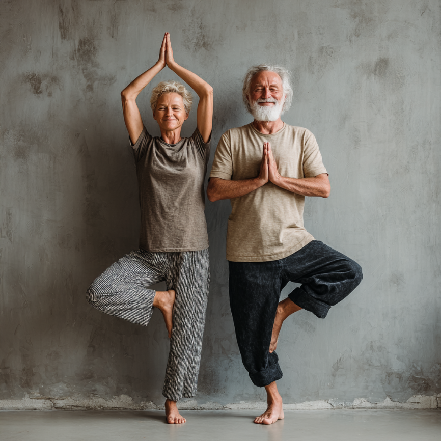 Група літніх людей займається йогою в парку